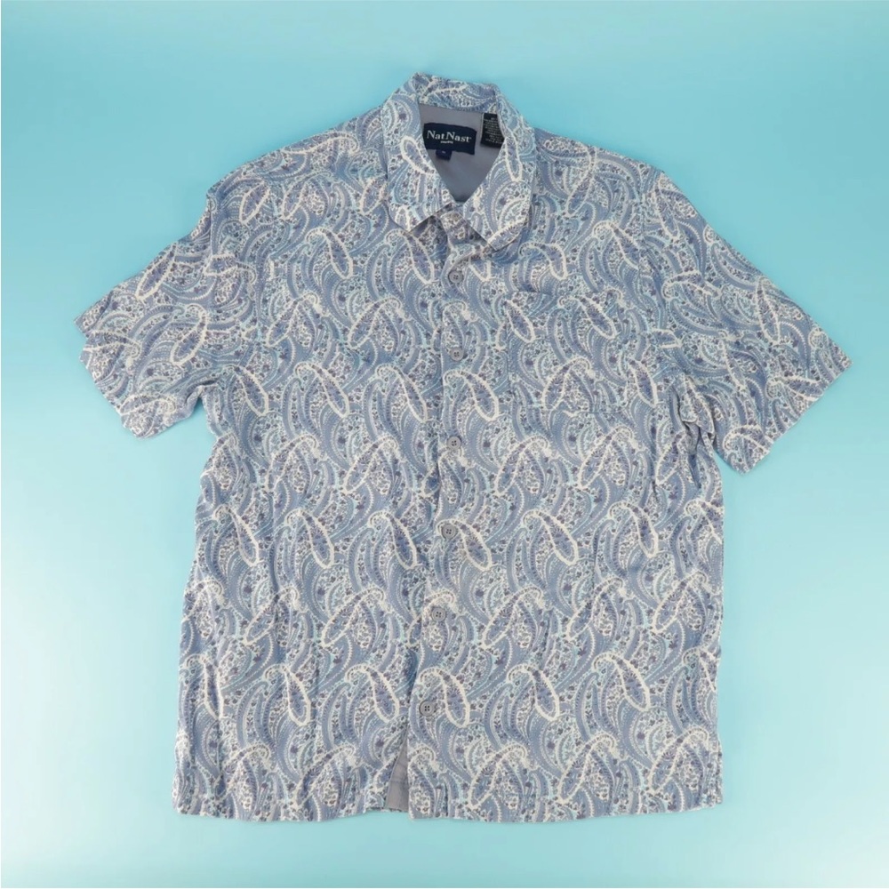 Nat Nast Shirt Men’s White/Blue Paisley Short Sleeve Button Up Rayon Size M